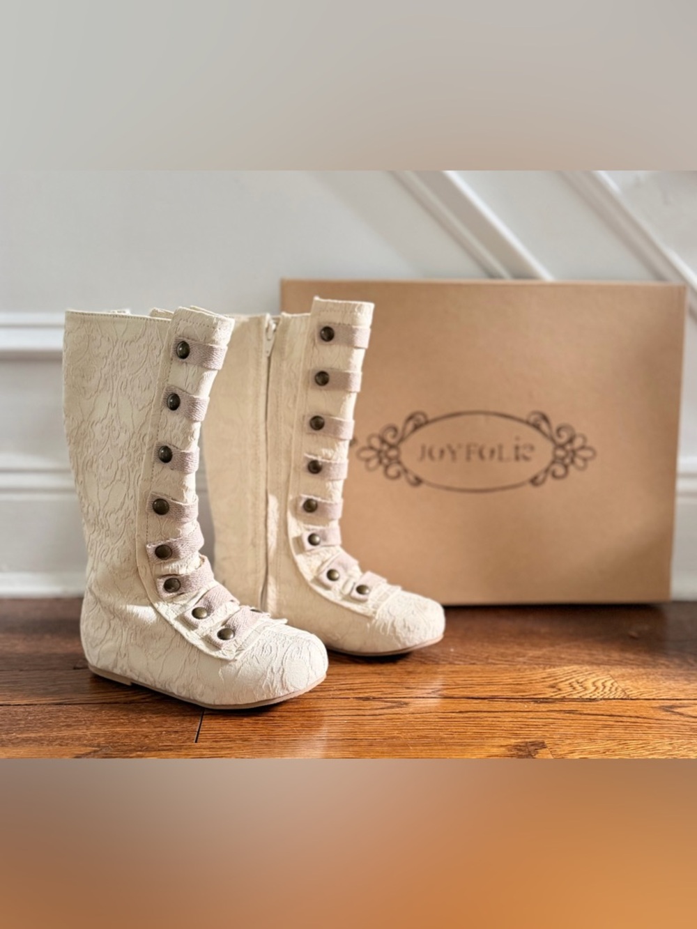 Joyfolie Leighton Cream Lace Button-Front Children’s Dress Boots